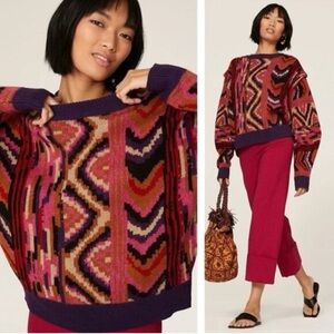 Farm Rio Colorful Stripe Geometric Print Patches Crew Neck Sweater Size Small